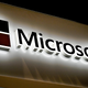 The Microsoft logo at the International Cybersecurity Forum in January 2020 in Lille, France.